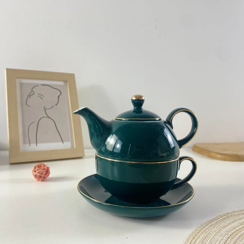 Eplze YBK Tech Ceramic Tea for One Set, 12oz Teapot and 8.2oz Cup with Saucer (Peacock Green) - Image 3